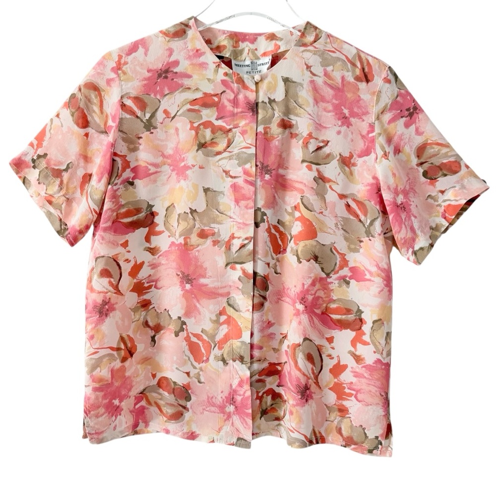 100% Silk Freshly Dry Cleaned Boxy Floral Pink Orange Short Sleeve Petite Small